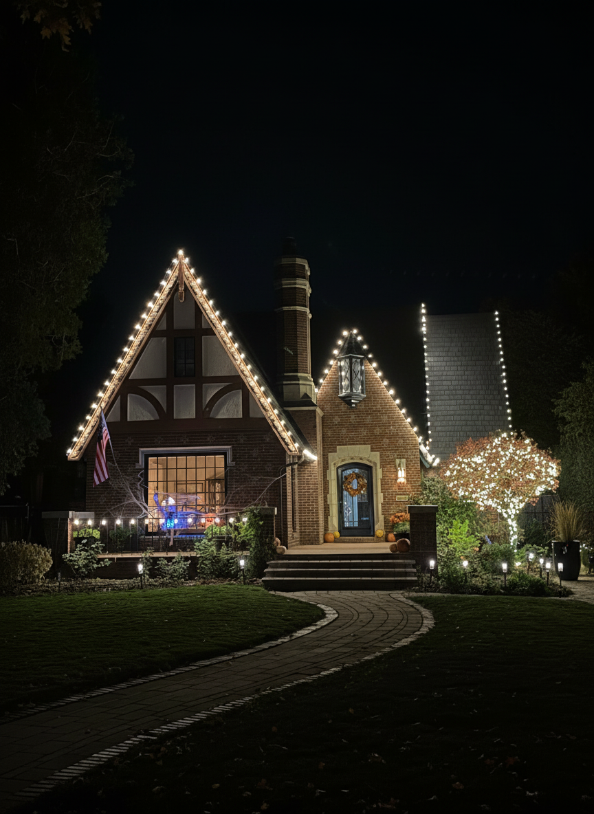 Professionally installed Christmas lights on a two-story home from our Front Range portfolio
